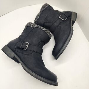Ankle boots women's 11 black vegan leather faux fur grey knit trim thermal biker